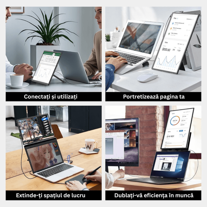 PC, gaming si accesorii - Desktop PC & monitoare - Monitoare - Monitor Extensibil Dublu Laptop, Ecran 16" IPS Full HD, USB-C, 360° Rotire, Portabil, Windows/MacOS, Suport Inclus - Infinity.ro