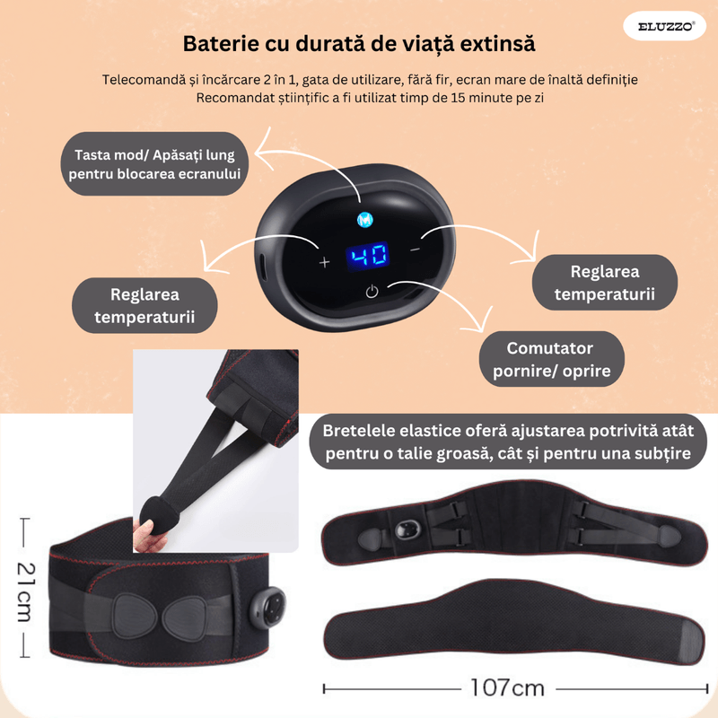 Ingrijire personala si Cosmetice - Sanatate si wellness - Articole wellness - Incalzitoare corporale - Centura Lombara Termica pentru Sustinere ELUZZO®, Wireless, 5 Niveluri de Incalzire, 3 Trepte de Masaj - Infinity.ro