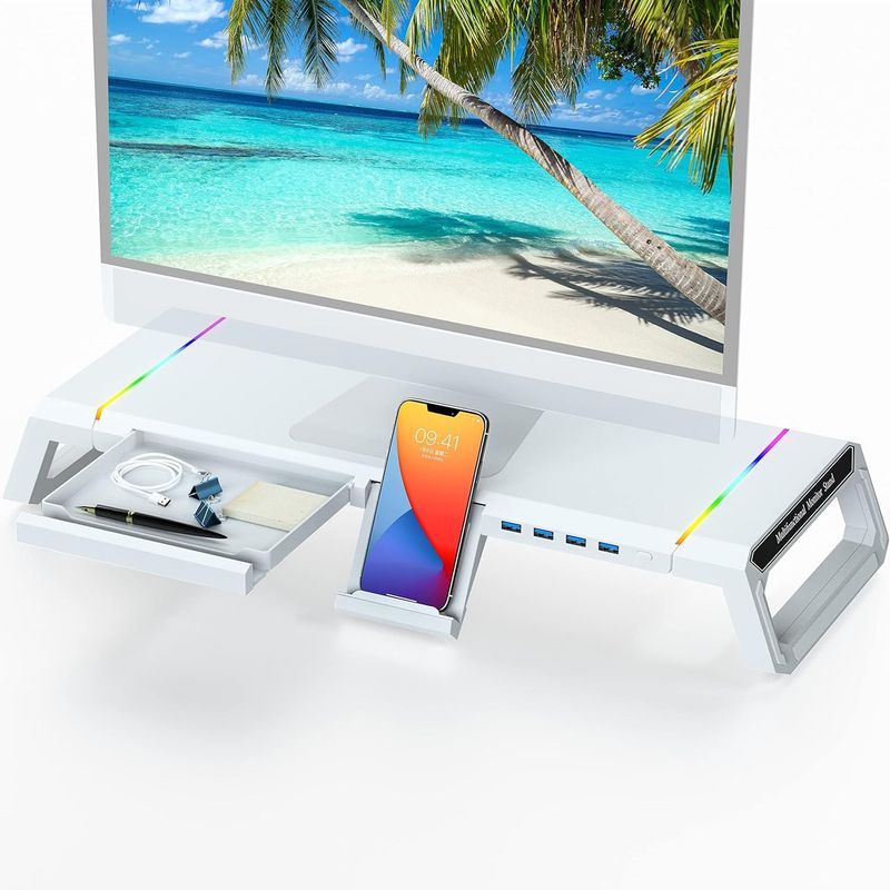 PC, gaming si accesorii - Desktop PC & monitoare - Accesorii monitoare - Suport Monitor si laptop, cu lumini RGB reglabile si 4 Port USB, Tava Depozitare, Ergonomic, Reglabil in 3 Moduri, Alb - Infinity.ro