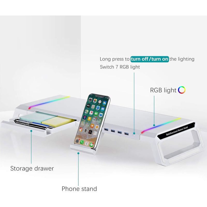 PC, gaming si accesorii - Desktop PC & monitoare - Accesorii monitoare - Suport Monitor si laptop, cu lumini RGB reglabile si 4 Port USB, Tava Depozitare, Ergonomic, Reglabil in 3 Moduri, Alb - Infinity.ro