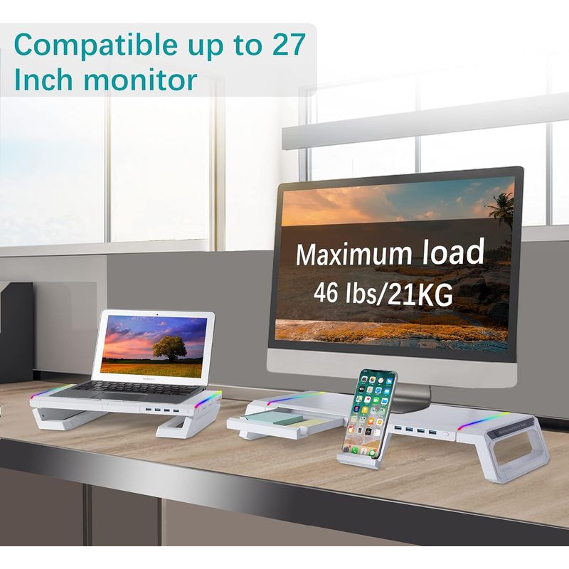 PC, gaming si accesorii - Desktop PC & monitoare - Accesorii monitoare - Suport Monitor si laptop, cu lumini RGB reglabile si 4 Port USB, Tava Depozitare, Ergonomic, Reglabil in 3 Moduri, Alb - Infinity.ro