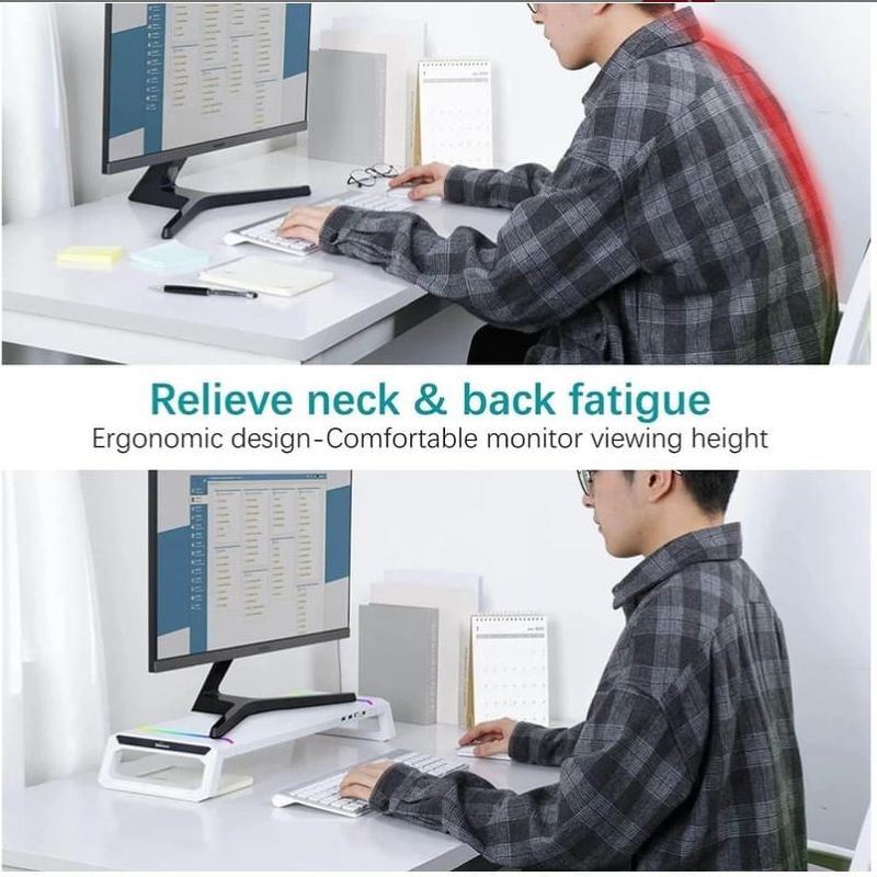 PC, gaming si accesorii - Desktop PC & monitoare - Accesorii monitoare - Suport Monitor si laptop, cu lumini RGB reglabile si 4 Port USB, Tava Depozitare, Ergonomic, Reglabil in 3 Moduri, Alb - Infinity.ro