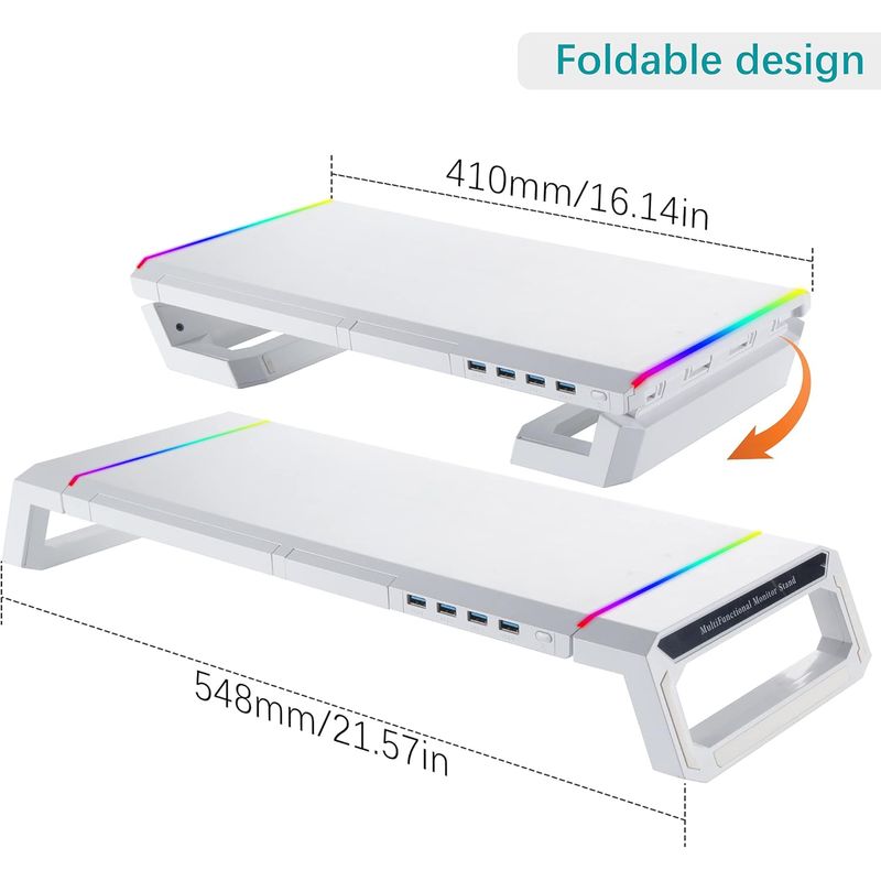 PC, gaming si accesorii - Desktop PC & monitoare - Accesorii monitoare - Suport Monitor si laptop, cu lumini RGB reglabile si 4 Port USB, Tava Depozitare, Ergonomic, Reglabil in 3 Moduri, Alb - Infinity.ro