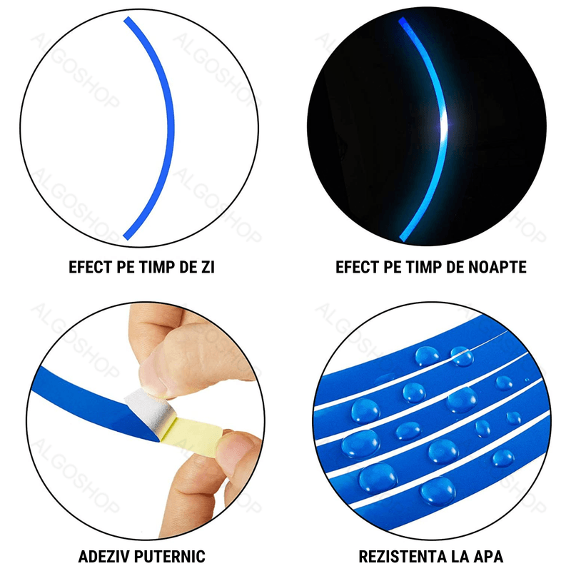 Sport si Outdoor - Ciclism - Accesorii pentru biciclete - Lumini biciclete - Set 16 Stickere jante reflectorizante, autocolante pentru roti Masini, Motociclete, Biciclete, 17-18 inch, Albastru - Infinity.ro