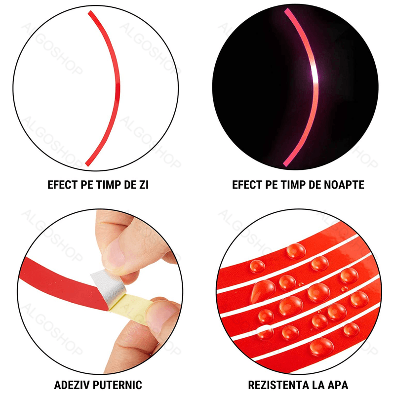 Sport si Outdoor - Ciclism - Accesorii pentru biciclete - Lumini biciclete - Set 16 Stickere jante reflectorizante, autocolante pentru roti Masini, Motociclete, Biciclete, 17-18 inch, Rosu - Infinity.ro
