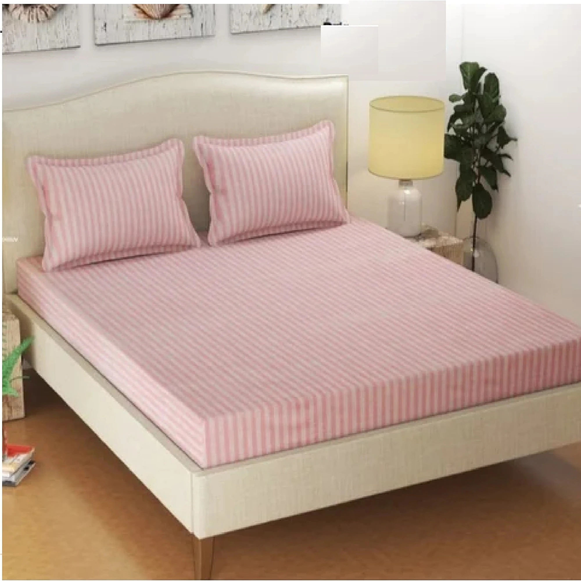 Set huse de pat cu elastic, Finet Damasc, roz pudra, 140x200cm, 50x75cm (2 buc), 70% bumbac, 30% poliester