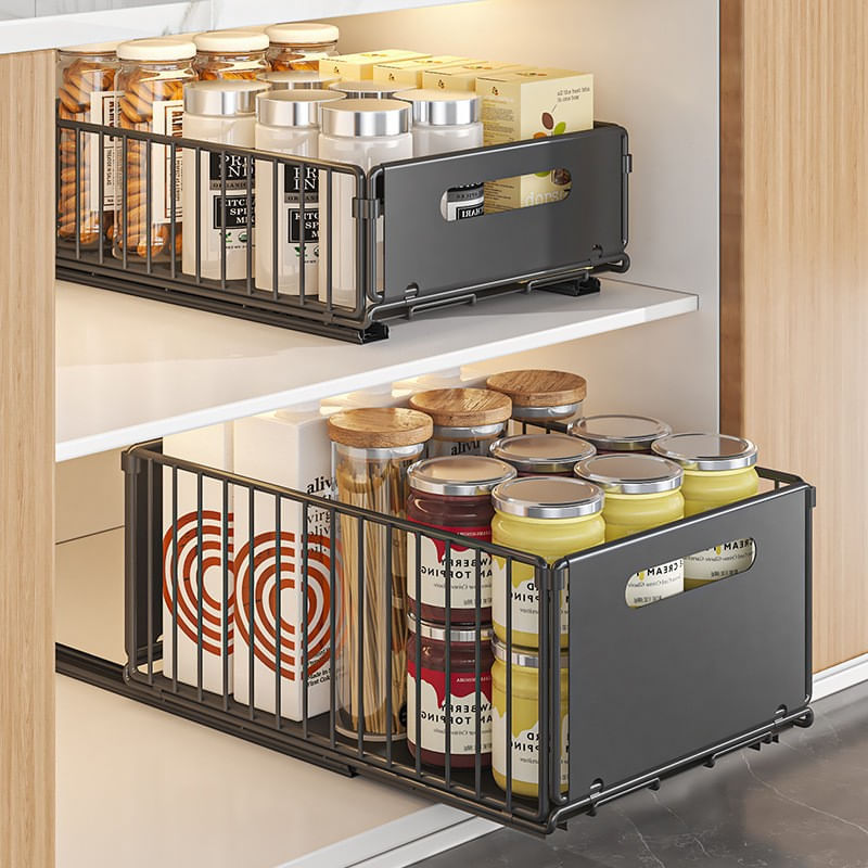 Casa si Gradina - Mobilier - Organizare si depozitare - Organizatoare pentru sertare si dulapuri - Organizator Dulap, Set 2 Rafturi Universale, Multifunctionale, Sistem Culisant, Design Modern, Metalic, Negru - Infinity.ro