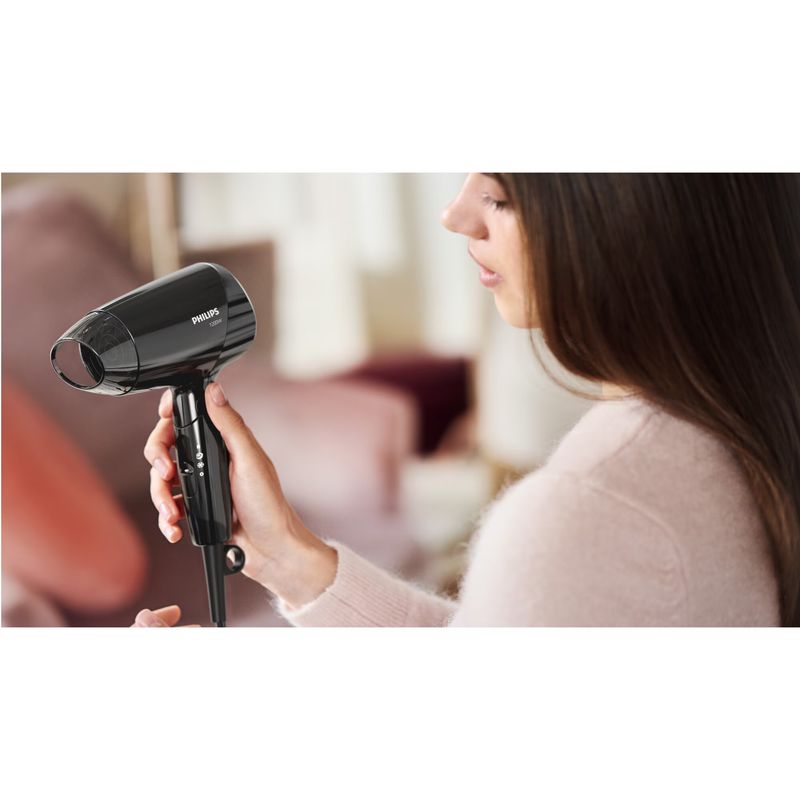 Ingrijire personala si Cosmetice - Aparate & accesorii ingrijire personala - Hair styling - Uscatoare de par - Uscator de par Philips EssentialCare BHC010/10, 1200 W, 3 setari temperatura, maner pliant, Negru - Infinity.ro
