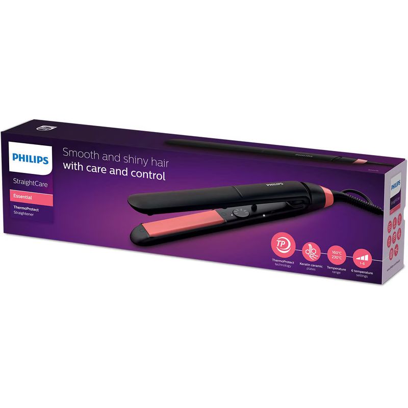 Ingrijire personala si Cosmetice - Aparate & accesorii ingrijire personala - Hair styling - Placi de indreptat parul - Placa de par Philips StraighCare Essential BHS376/00, tehnologie ThermoProtect, placi cu infuzie de cheratina, Negru - Infinity.ro