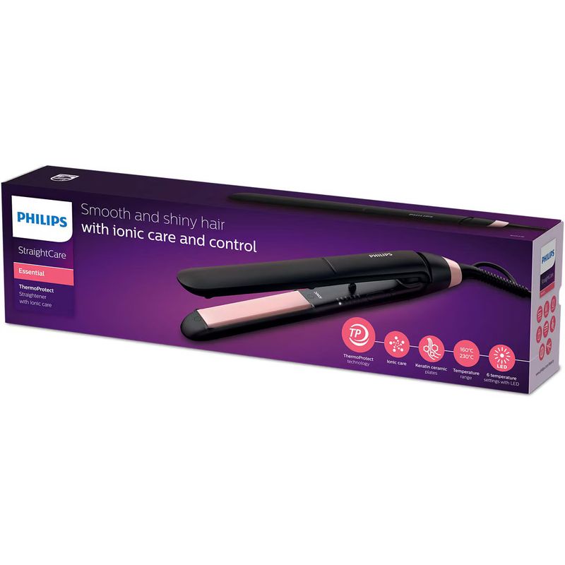 Ingrijire personala si Cosmetice - Aparate & accesorii ingrijire personala - Hair styling - Placi de indreptat parul - Placa de par Philips StraighCare Essential BHS378/00, tehnologie ThermoProtect, placi cu infuzie de cheratina, ioni, Neg - Infinity.ro