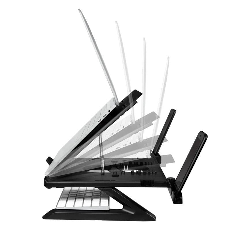 Laptop, Telefoane si Tablete - Laptopuri si accesorii - Accesorii Laptop - Standuri/Coolere notebook - Suport de birou Logilink laptop, 9 pozitii, suporta dimensiuni 10-15.6″, pliabil, holder pt. smartphone, Negru - Infinity.ro