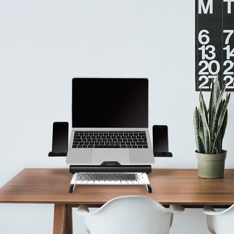 Laptop, Telefoane si Tablete - Laptopuri si accesorii - Accesorii Laptop - Standuri/Coolere notebook - Suport de birou Logilink laptop, 9 pozitii, suporta dimensiuni 10-15.6″, pliabil, holder pt. smartphone, Negru - Infinity.ro