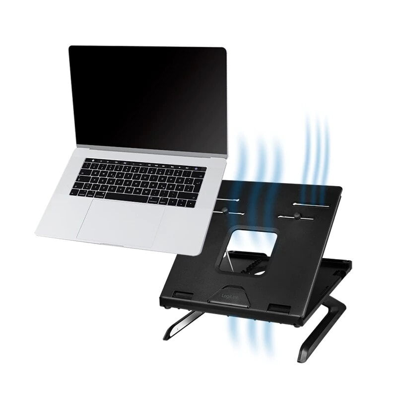 Laptop, Telefoane si Tablete - Laptopuri si accesorii - Accesorii Laptop - Standuri/Coolere notebook - Suport de birou Logilink laptop, 9 pozitii, suporta dimensiuni 10-15.6″, pliabil, holder pt. smartphone, Negru - Infinity.ro