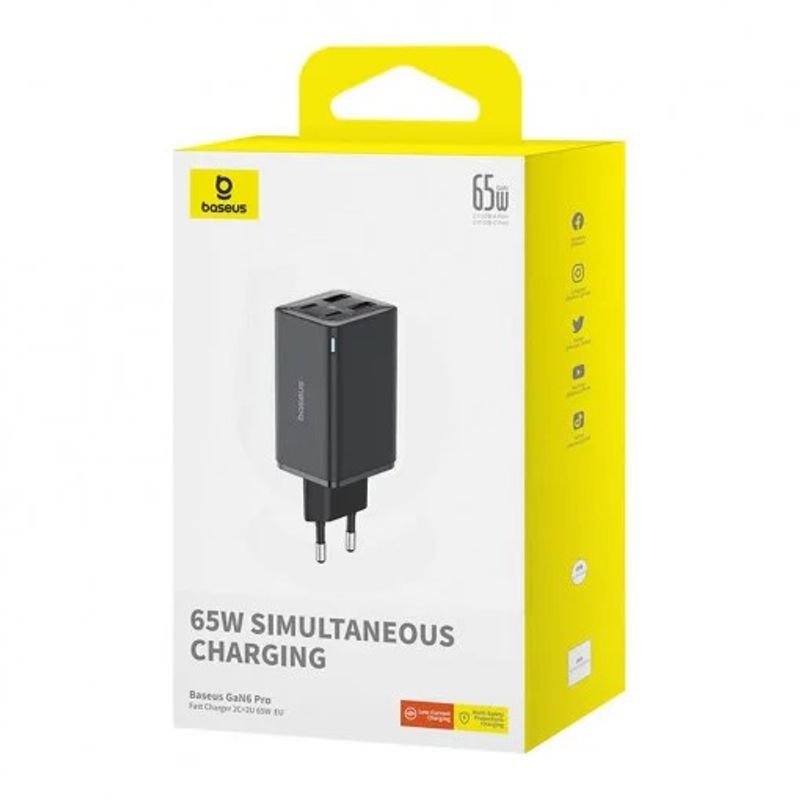 Laptop, Telefoane si Tablete - Telefoane mobile si accesorii - Accesorii Telefoane - Incarcatoare telefoane - Incarcator retea Baseus GaN6 Pro, 65W, 2x USB si 2x USB-C, Fast Charge, Cablu USB-C la USB-C inclus, Negru - Infinity.ro