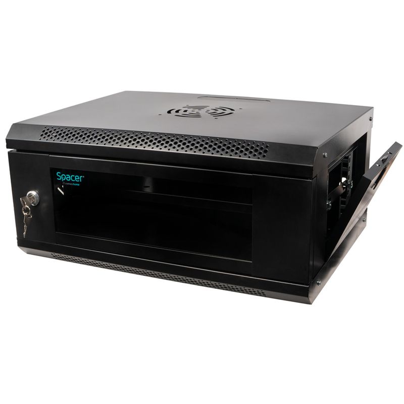 PC, gaming si accesorii - Servere - Cabinete metalice - CABINET 19″ SPACER 4U 500x450mm, fixare pe perete, Flatpack (dezasamblat), Black, usa sticla cu bl - Infinity.ro
