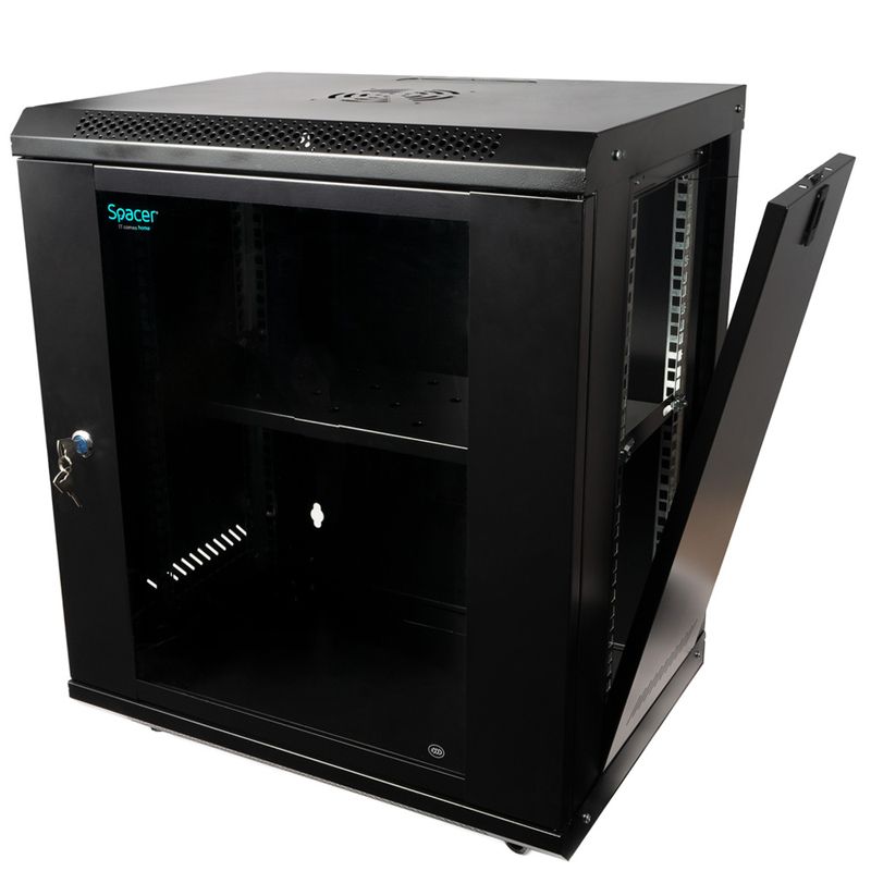 PC, gaming si accesorii - Servere - Cabinete metalice - Cabinet 19″ spacer 12u 500x400mm fixare pe perete flatpack (dezasamblat) black usa sticla cu blocare panouri detasabile - Infinity.ro
