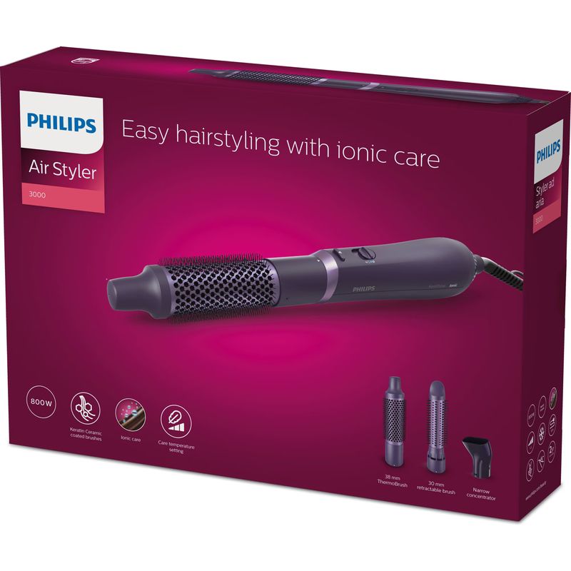 Ingrijire personala si Cosmetice - Aparate & accesorii ingrijire personala - Hair styling - Perii de par electrice - Perie cu aer cald Philips Seria 3000 BHA305/00, 800W, tehnologie cu ioni, 3 accesorii, diametru perie 38mm, setare tempe - Infinity.ro