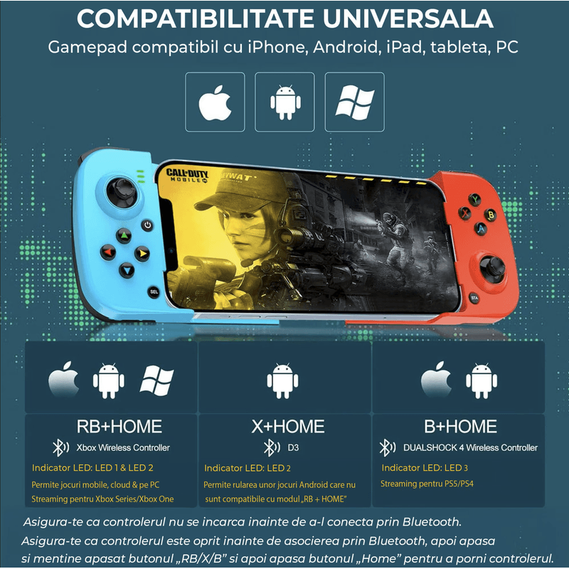 PC, gaming si accesorii - Gaming - Accesorii gaming - Controlere, Volane si Casti gaming - Gamepad Wireless N2L Store® pentru PC, PS, Nintendo Switch, Android, iOS, Bluetooth 5.0, Extensibil, Albastru-Rosu - Infinity.ro