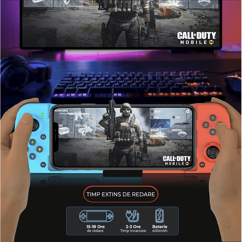 PC, gaming si accesorii - Gaming - Accesorii gaming - Controlere, Volane si Casti gaming - Gamepad Wireless N2L Store® pentru PC, PS, Nintendo Switch, Android, iOS, Bluetooth 5.0, Extensibil, Albastru-Rosu - Infinity.ro