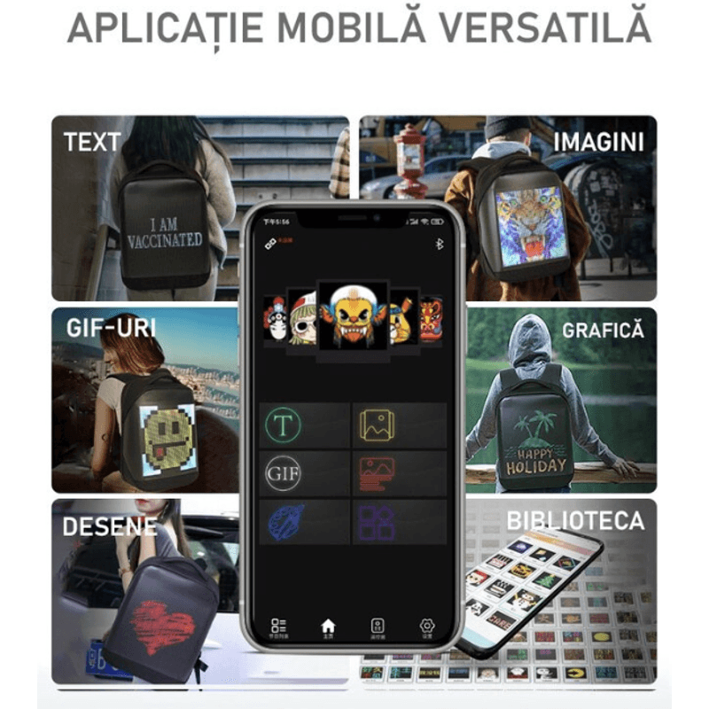 Fashion, accesorii si bijuterii - Barbati - Accesorii barbati - Genti si rucsacuri barbati - Ghiozdan cu Display LED N2L Store®, 25L, Aplicatie iOS/Android, Bluetooth, GIF/Imagini, Laptop 15.6", Impermeabil, Negru - Infinity.ro