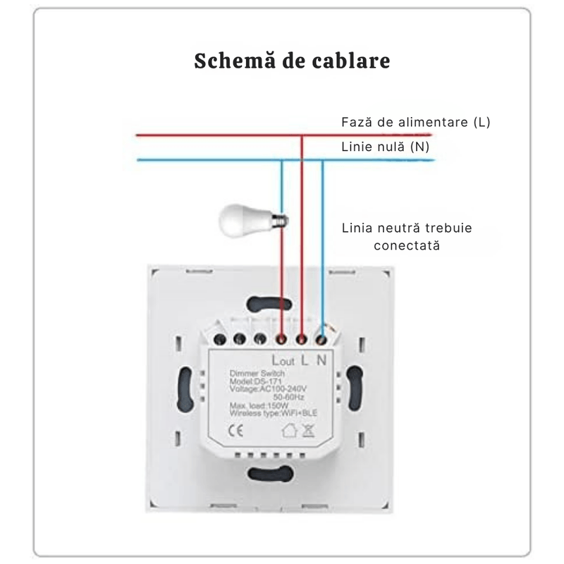 Casa si Gradina - Electrice - Distributie electrica si comanda - Intrerupatoare - Intrerupator Smart/Inteligent N2L Store®, Touch, Dimmer, Wi-Fi, Cu NUL, Sticla Securizata Tuya/Smart Life - Infinity.ro