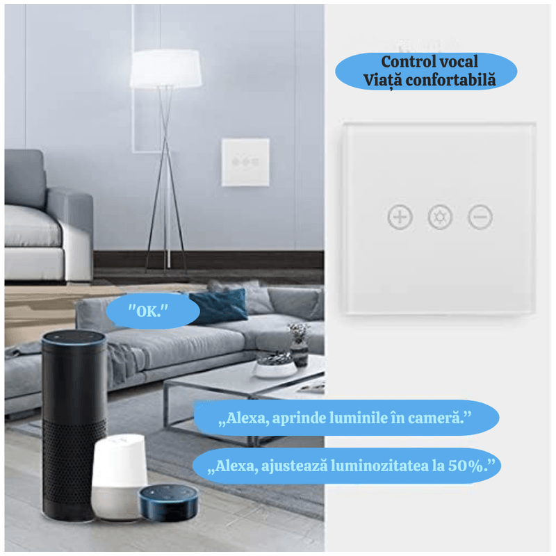 Casa si Gradina - Electrice - Distributie electrica si comanda - Intrerupatoare - Intrerupator Smart/Inteligent N2L Store®, Touch, Dimmer, Wi-Fi, Cu NUL, Sticla Securizata Tuya/Smart Life - Infinity.ro
