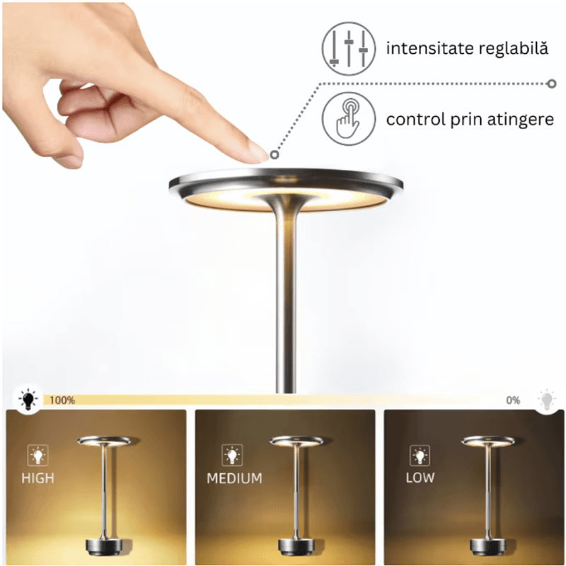 Casa si Gradina - Corpuri si surse de iluminat - Veioze si lampi - Veioze - Lampa LED Portabila Wireless, N2L Store®, cu Touch, Reincarcabila USB-C, 3 Trepte de Iluminare, Design Elegant Argintiu - Infinity.ro