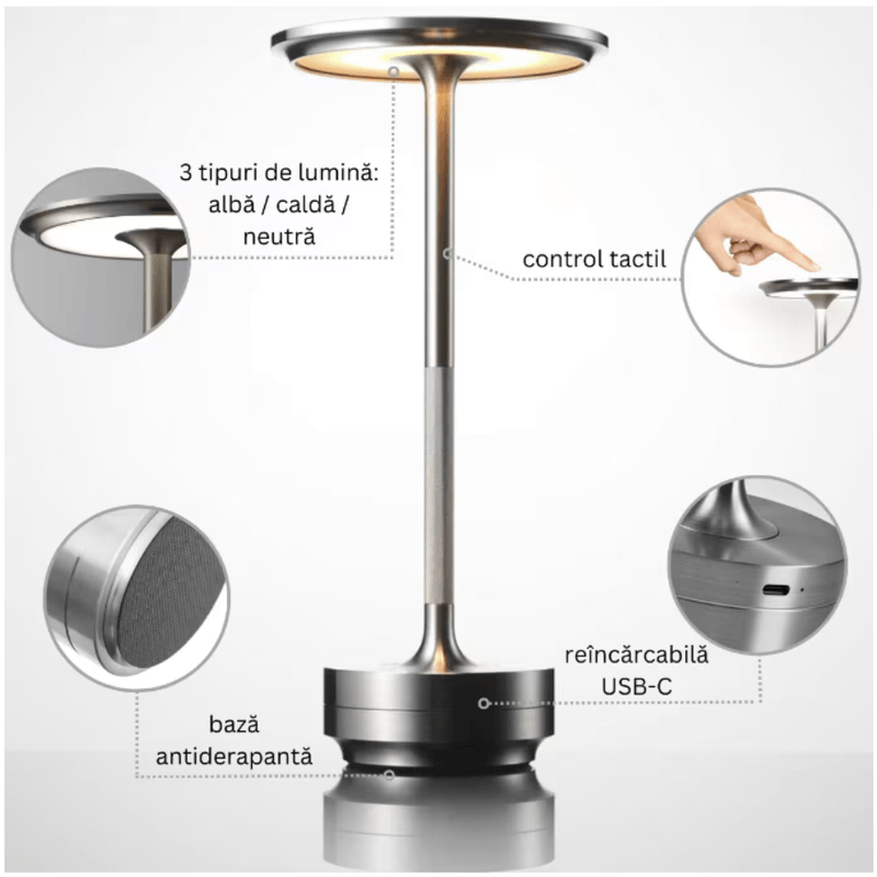 Casa si Gradina - Corpuri si surse de iluminat - Veioze si lampi - Veioze - Lampa LED Portabila Wireless, N2L Store®, cu Touch, Reincarcabila USB-C, 3 Trepte de Iluminare, Design Elegant Argintiu - Infinity.ro