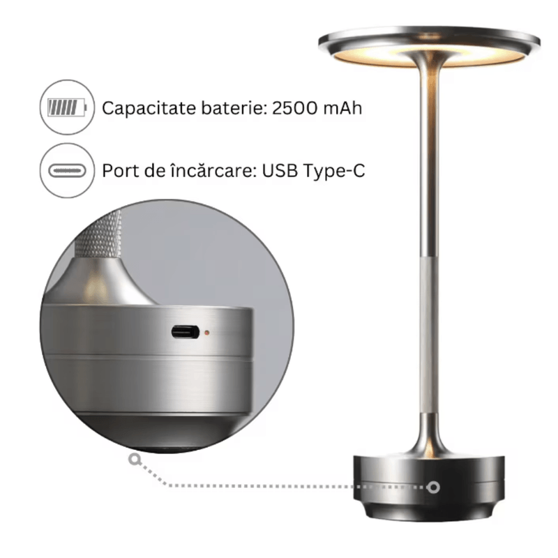 Casa si Gradina - Corpuri si surse de iluminat - Veioze si lampi - Veioze - Lampa LED Portabila Wireless, N2L Store®, cu Touch, Reincarcabila USB-C, 3 Trepte de Iluminare, Design Elegant Argintiu - Infinity.ro