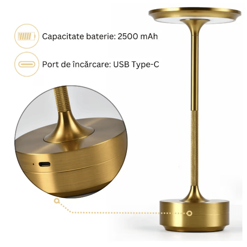 Casa si Gradina - Corpuri si surse de iluminat - Veioze si lampi - Veioze - Lampa LED wireless N2L Store®, portabila, cu touch control, 3 tipuri de iluminare, USB-C, Auriu - Infinity.ro