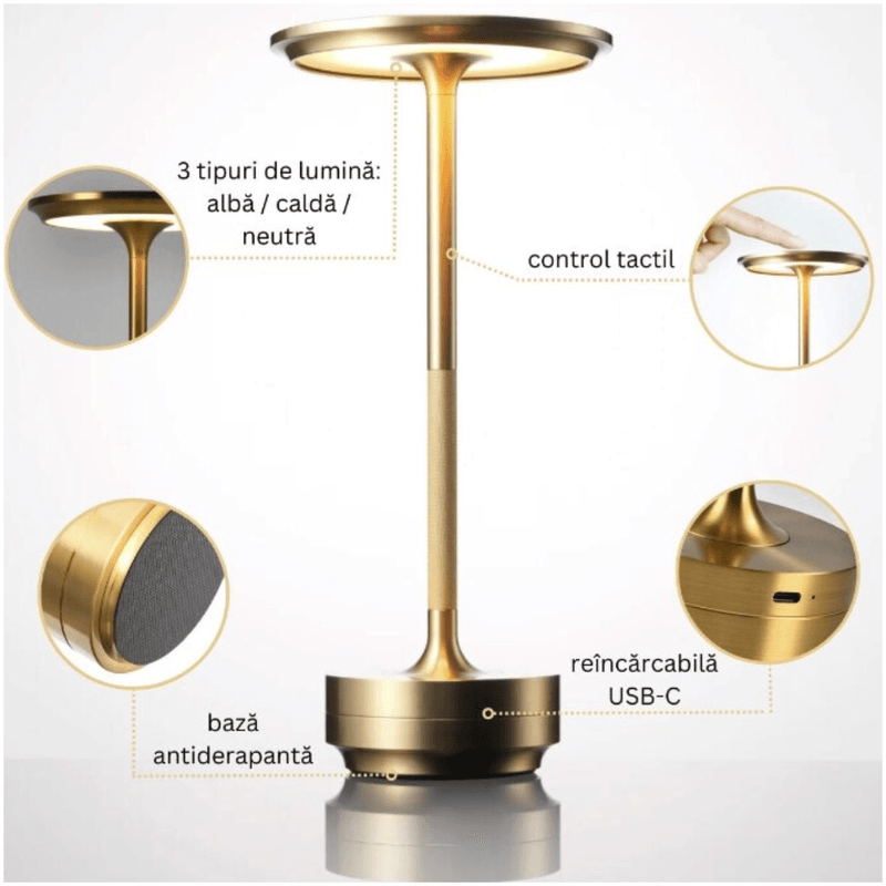 Casa si Gradina - Corpuri si surse de iluminat - Veioze si lampi - Veioze - Lampa LED wireless N2L Store®, portabila, cu touch control, 3 tipuri de iluminare, USB-C, Auriu - Infinity.ro