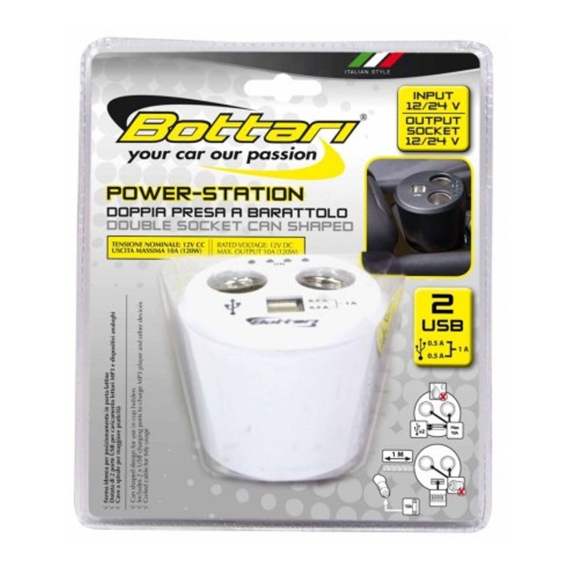 Auto si Moto - Electronice auto - Accesorii electronice auto - Priza dubla "Power station" cu 2 porturi USB 1Amp Bottari - Infinity.ro