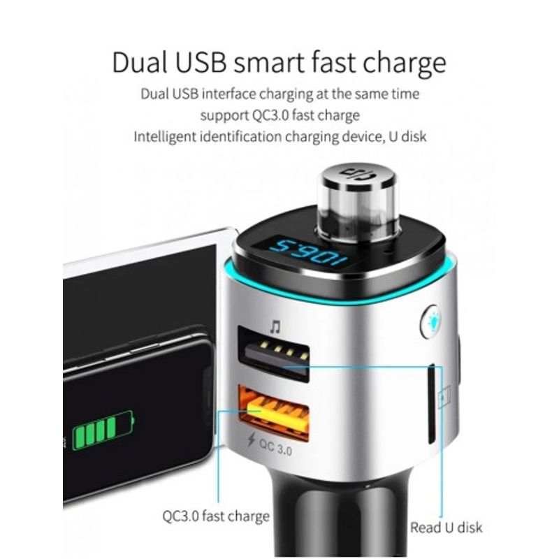 Auto si Moto - Electronice auto - Accesorii electronice auto - Modulator FM 12-24V Bluetooth 5.0 cu functie de incarcator auto Super Charge 3.0 si port USB C - BC42 - Infinity.ro