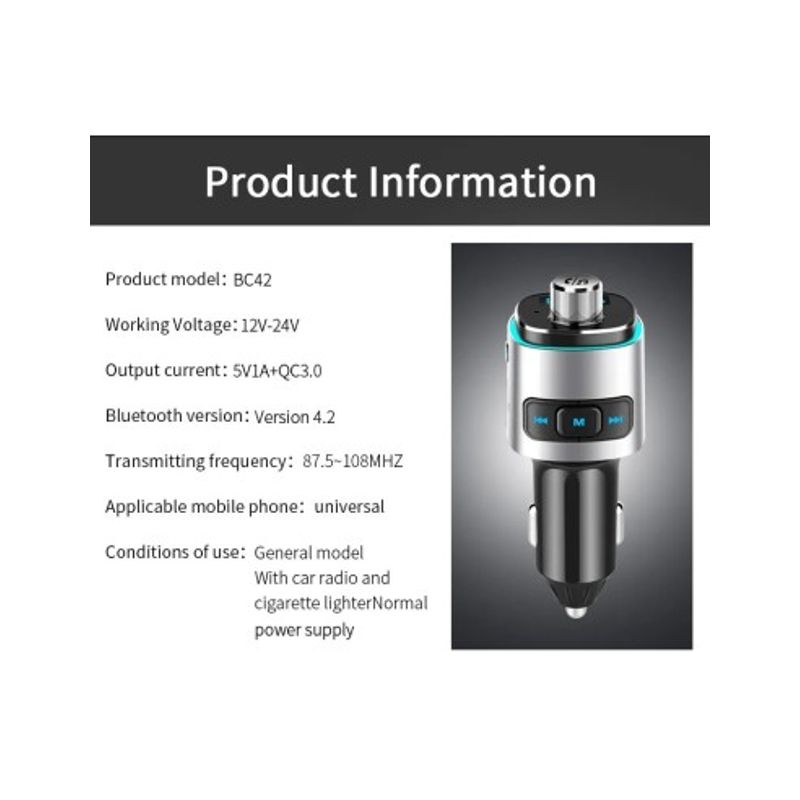 Auto si Moto - Electronice auto - Accesorii electronice auto - Modulator FM 12-24V Bluetooth 5.0 cu functie de incarcator auto Super Charge 3.0 si port USB C - BC42 - Infinity.ro