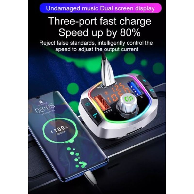 Auto si Moto - Electronice auto - Accesorii electronice auto - Modulator FM 12-24V Bluetooth 5.0 cu functie de incarcator auto 18W Super Charge 3.0 si port USB C - BC63 - Infinity.ro