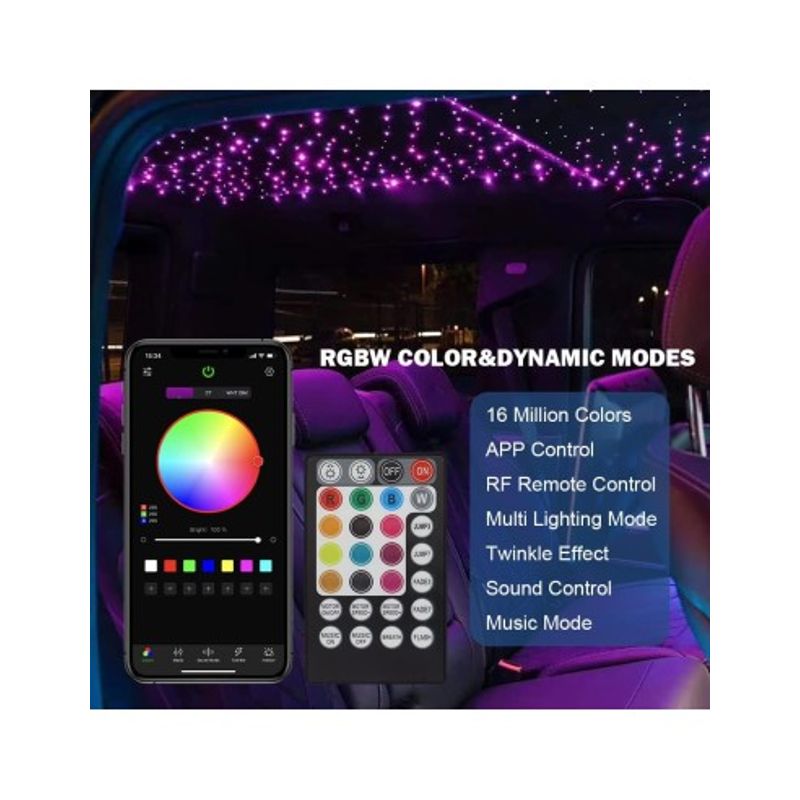 Auto si Moto - Electrice auto - Iluminare si semnalizare - Lumini ambientale - Kit Fibra Optica Plafon Instelat 16W cu TWINKLE, RGBW 550 Fire 4M 0.75mm cu aplicatie - Infinity.ro