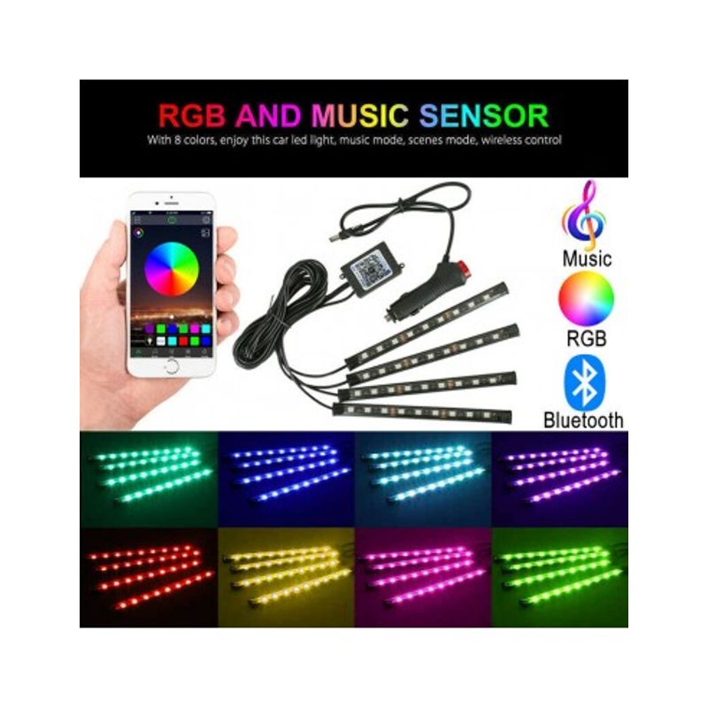 Auto si Moto - Electrice auto - Iluminare si semnalizare - Lumini ambientale - Kit 4 Lumini Ambientale RGB cu Aplicatie Telefon Bluetooth, 12V, 9 LED, 17 cm LAL-9 - Infinity.ro