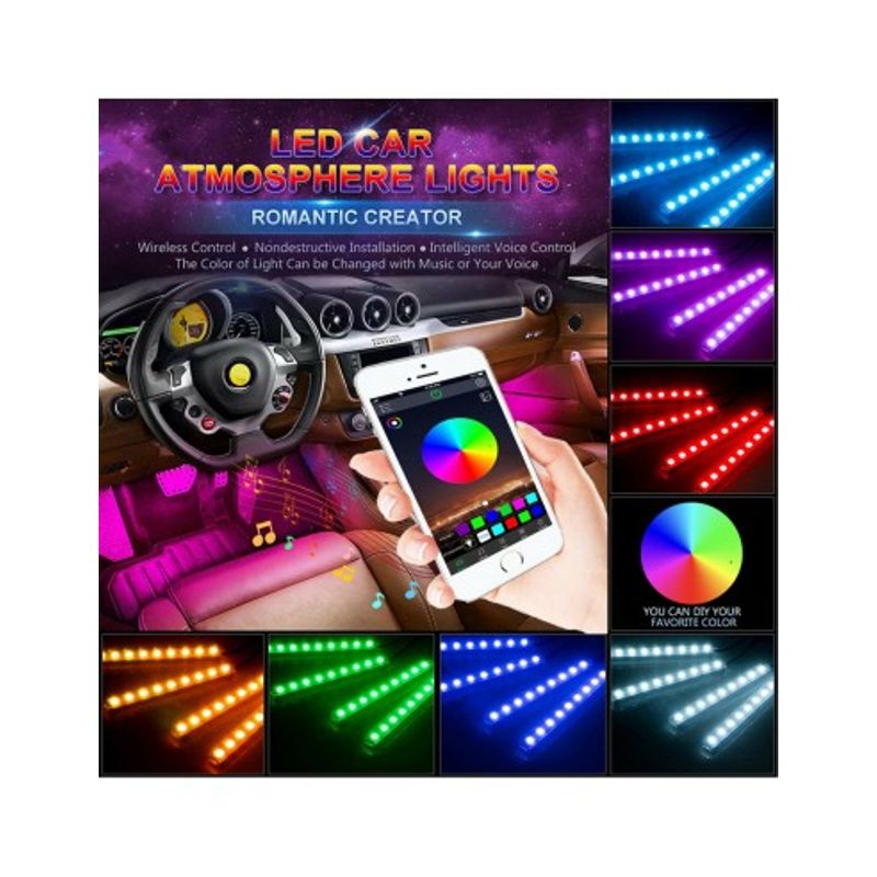 Auto si Moto - Electrice auto - Iluminare si semnalizare - Lumini ambientale - Kit 4 Lumini Ambientale RGB cu Aplicatie Telefon Bluetooth, 12V, 9 LED, 17 cm LAL-9 - Infinity.ro