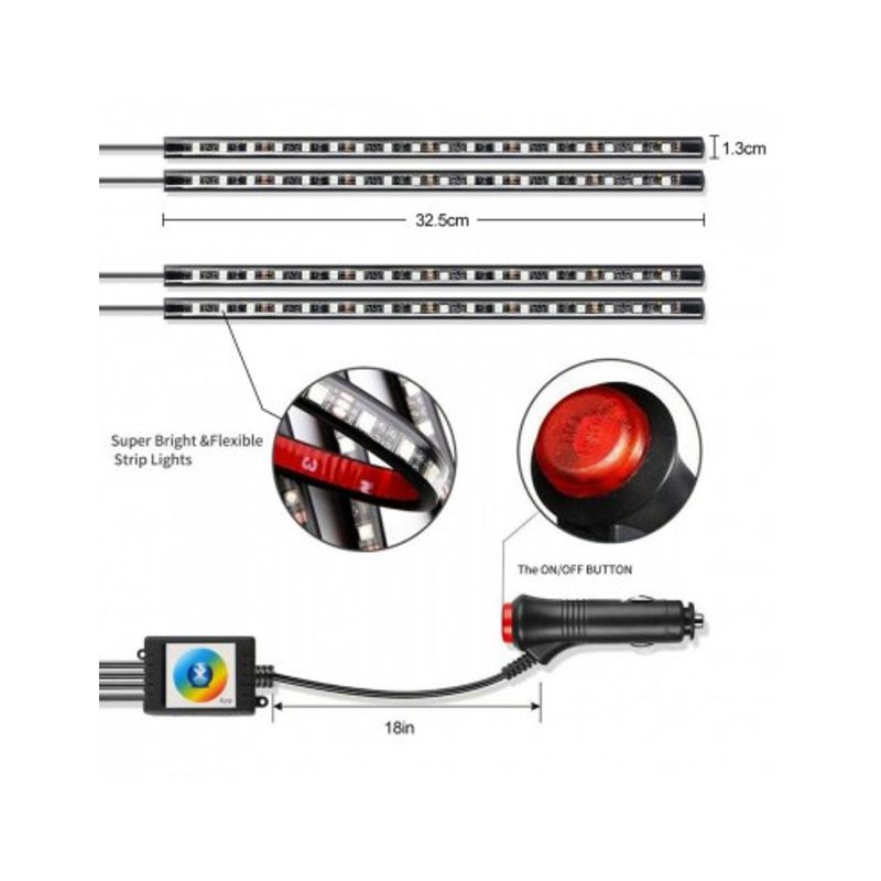 Auto si Moto - Electrice auto - Iluminare si semnalizare - Lumini ambientale - Kit 4 Lumini Ambientale RGB cu Aplicatie Telefon Bluetooth, 12V, 18 LED, 32 cm LAL-18 - Infinity.ro