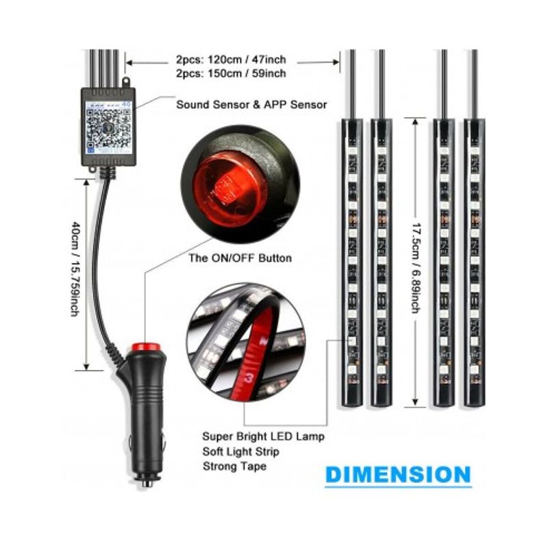 Auto si Moto - Electrice auto - Iluminare si semnalizare - Lumini ambientale - Kit 4 Lumini Ambientale RGB cu Aplicatie Telefon Bluetooth, 12V, 9 LED, 17 cm LAL-9 - Infinity.ro