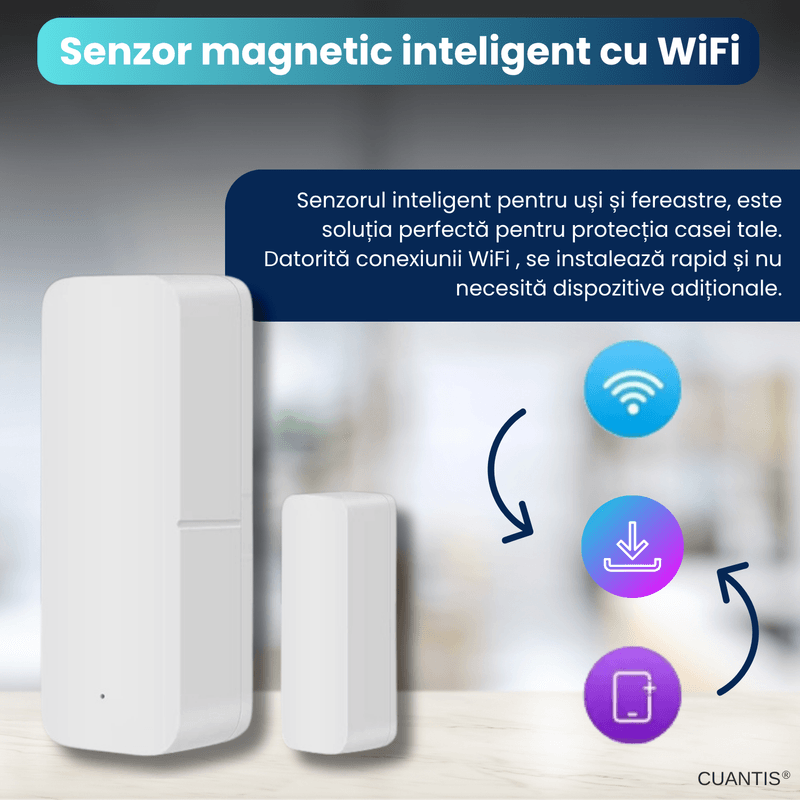 Laptop, Telefoane si Tablete - Wearables si gadgeturi - Gadgeturi - Accesorii SMART - Senzor inteligent usi/ferestre CUANTIS, WiFi, Tuya, notificari, automatizare lumini, alb - Infinity.ro