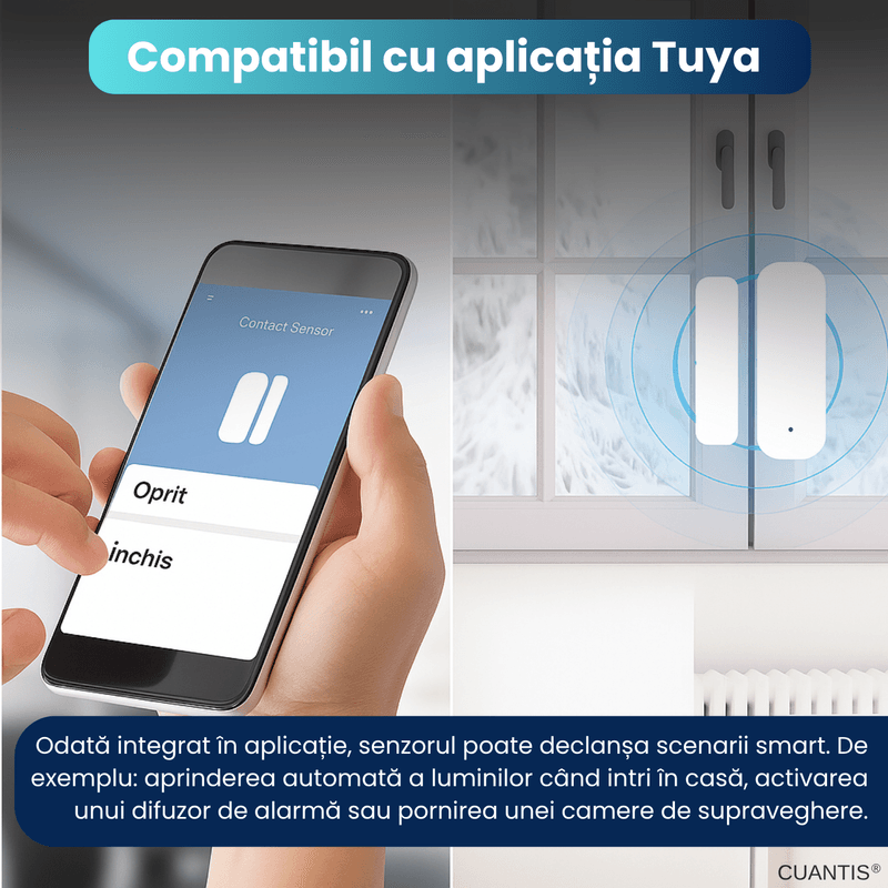 Laptop, Telefoane si Tablete - Wearables si gadgeturi - Gadgeturi - Accesorii SMART - Senzor inteligent usi/ferestre CUANTIS, WiFi, Tuya, notificari, automatizare lumini, alb - Infinity.ro