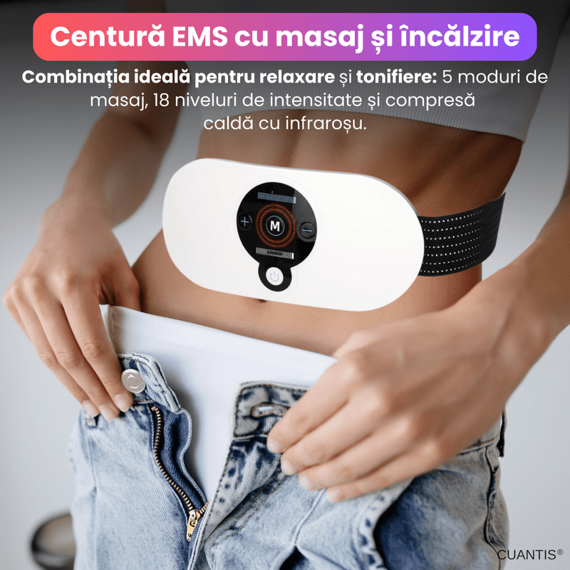 Ingrijire personala si Cosmetice - Sanatate si wellness - Articole wellness - Aparate si dispozitive de masaj - Centura EMS cu masaj, infrarosu, 5 moduri, 18 niveluri, baterie 1200 mAh, alb, portabila - Infinity.ro