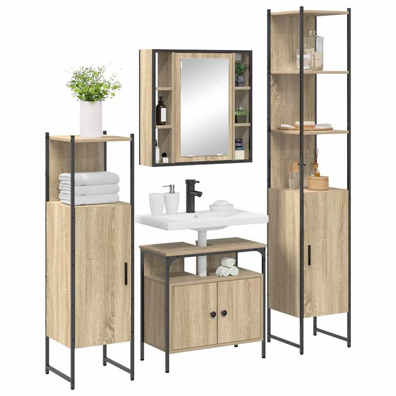 Casa si Gradina - Mobilier - Seturi de mobilier - Seturi baie - Set de mobilier pentru baie cu raft Pe perete Altele cu depozitare cu usa cu oglinda 4 pcs Stejar sonoma - Infinity.ro