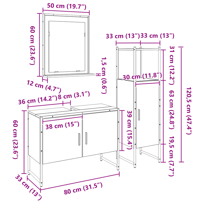 Casa si Gradina - Mobilier - Seturi de mobilier - Seturi baie - Set de Mobilier pentru Baie 3 Piese Negru Stejar Lemn Prelucrat - Infinity.ro