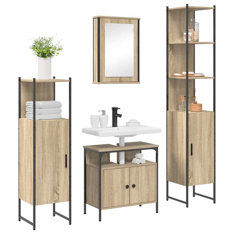 Casa si Gradina - Mobilier - Seturi de mobilier - Seturi baie - Set de mobilier pentru baie cu raft Pe perete cu depozitare cu usa cu oglinda 4 pcs Stejar sonoma - Infinity.ro