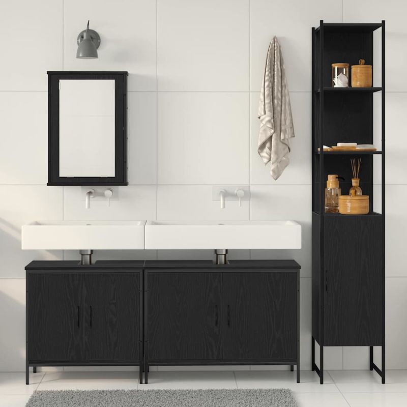 Casa si Gradina - Mobilier - Seturi de mobilier - Seturi baie - Set de Mobilier pentru Baie 4 Piese Negru Stejar Lemn Prelucrat - Infinity.ro
