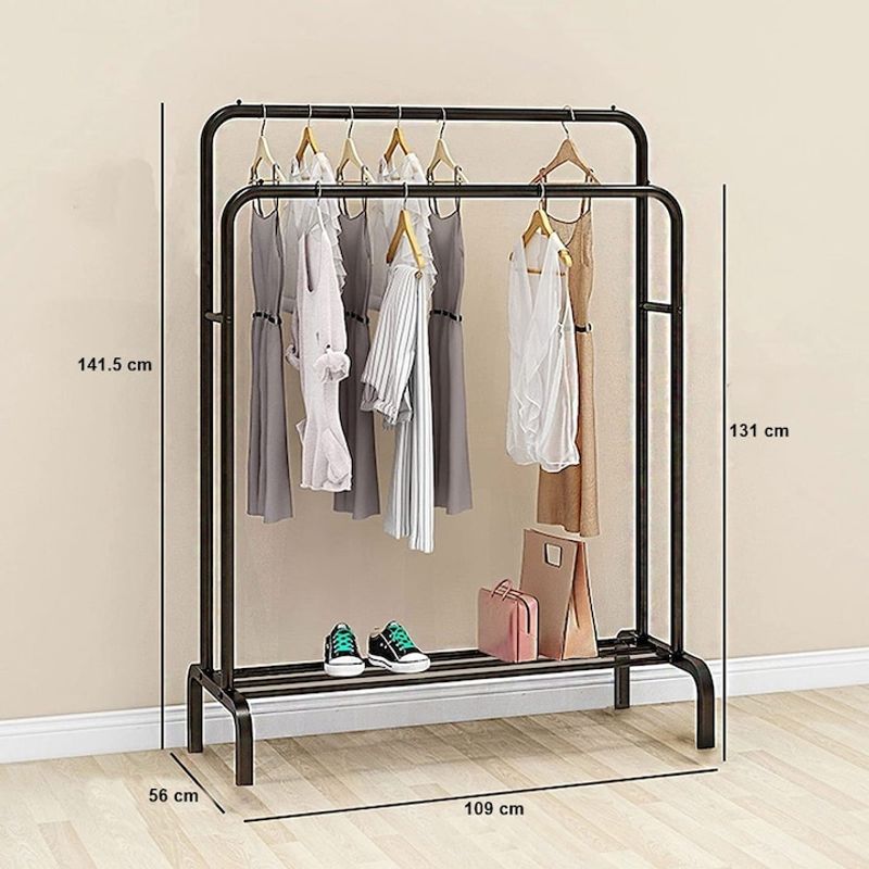 Casa si Gradina - Mobilier - Organizare si depozitare - Organizator incaltaminte - Suport dublu pentru haine, 110 x 54 x 150 cm, negru mat - Infinity.ro