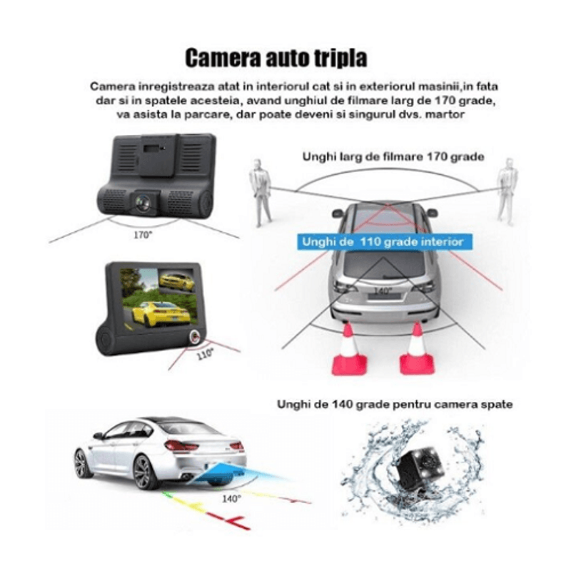Auto si Moto - Electronice auto - Camere auto si DVR - Camera auto tripla, fata, interior, spate, 4", Full HD - Infinity.ro