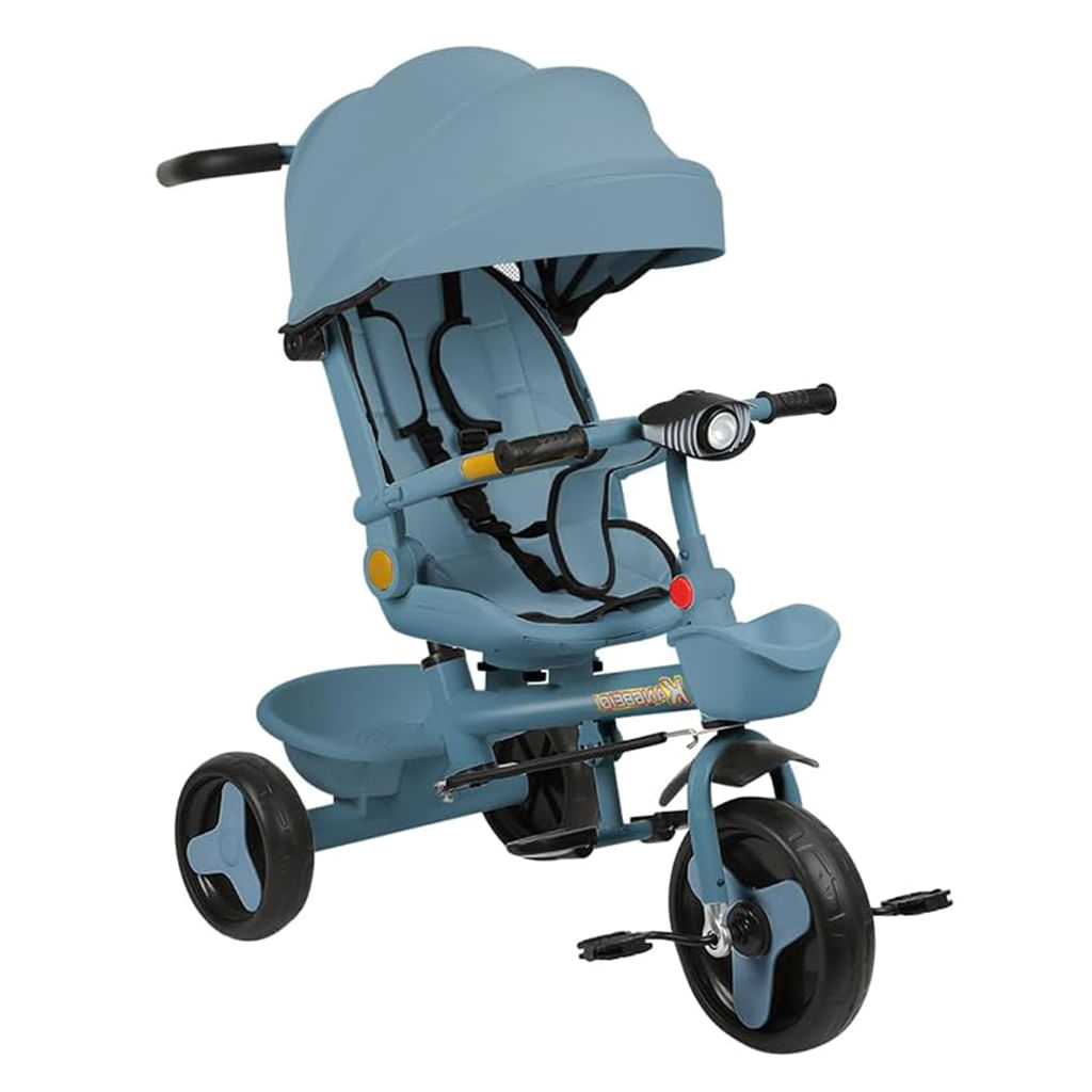 Tricicleta copii 4 in 1 cu maner parental, Stil carucior cu scaun pliabil pe spate, Far LED, Albastra, 1-5 ani